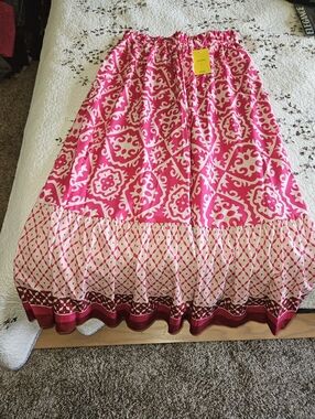 Pink Patterned Maxi Skirt with Tiered Hem